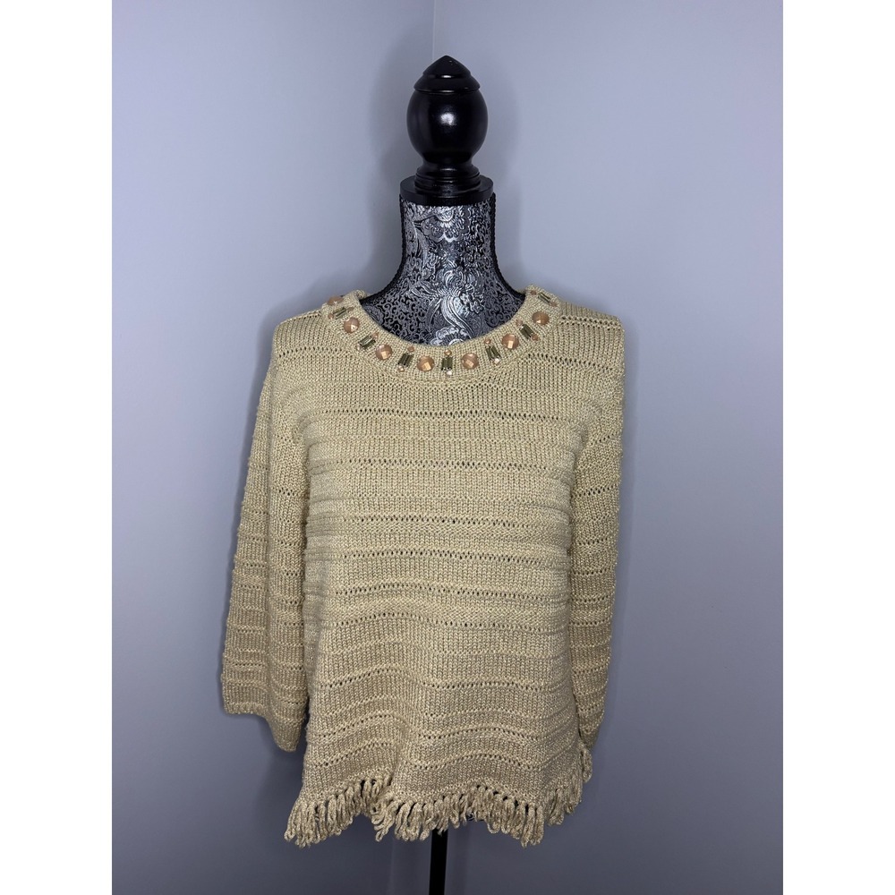 Ruby Rd Gold Metallic Boho Knit Rhinestone Fringe Sweater XL Women's 3/4 Sleeve